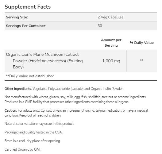 Mane de Lion 500 mg | Fabriqué avec des champignons de crinière de lion biologique - 60 capsules
