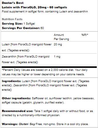 Lutein 20 mg | Avec Floraglo - 60 capsules de gel