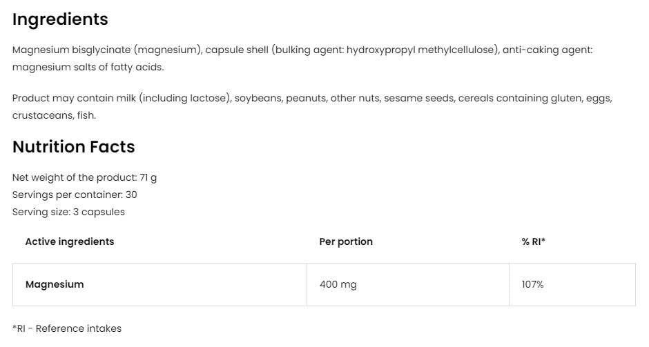 Glycinate de magnésium | 400 mg de portion de capsules MagnésiUim Bisglycinate 90