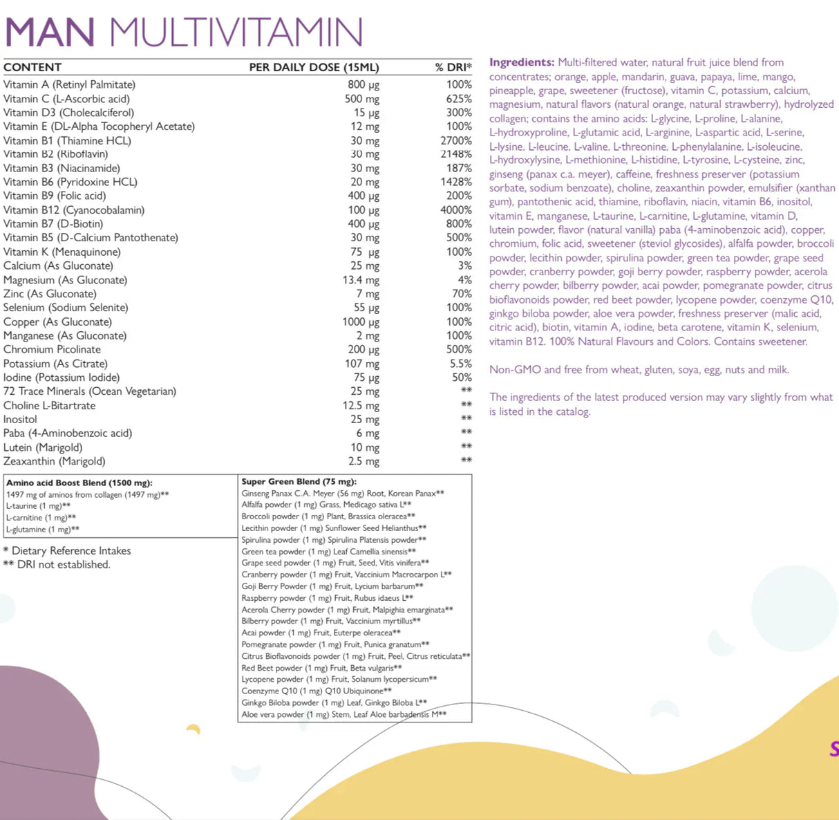 Homme multivitamines pour hommes atteints de collagène 1497 mg - 147 ingrédients actifs/500 ml /