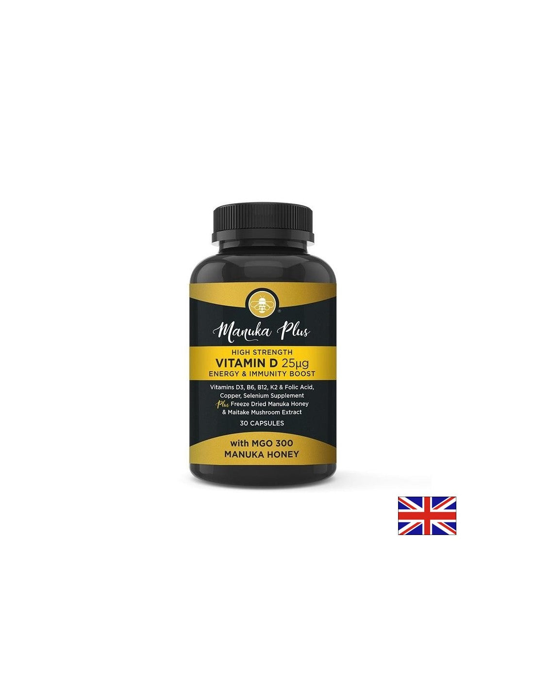 Manuka Plus Vitamine D3 à haute résistance 25 µg d'énergie et de formule immunitaire pour une forte immunité avec du miel manuka, 30 capsules