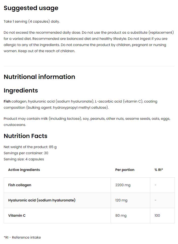Collagène marin/+ acide hyaluronique et vitamine C - 120 capsules