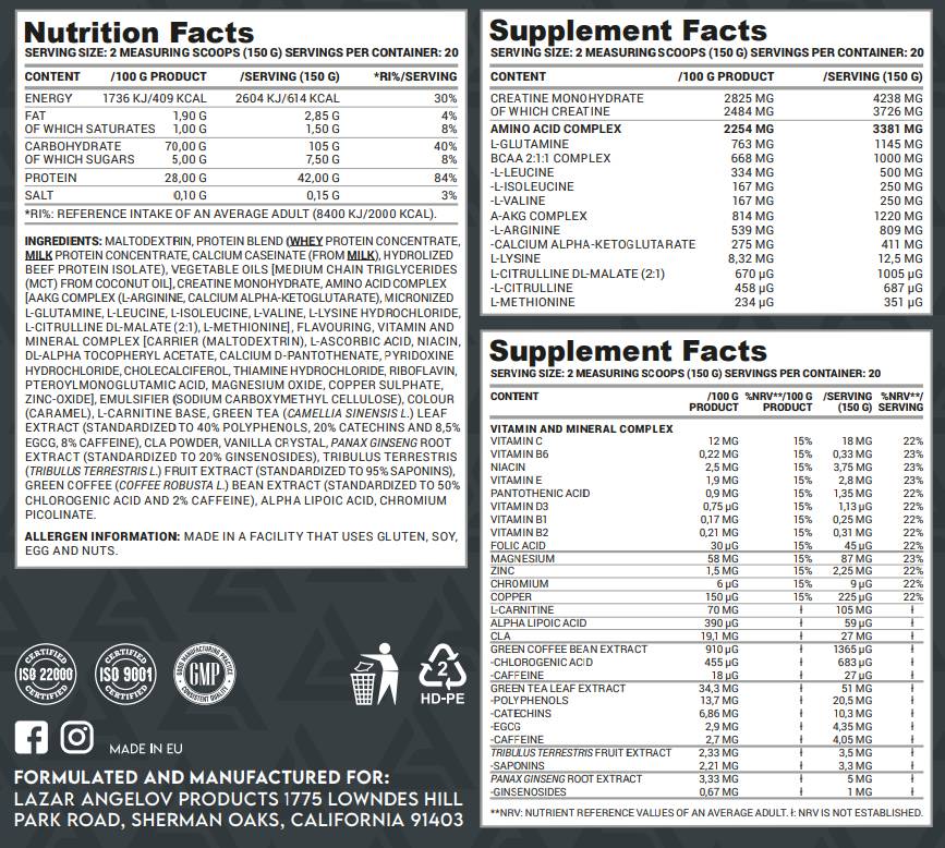 Gain massif | avec créatine, acides aminés et vitamines - 3000 grammes