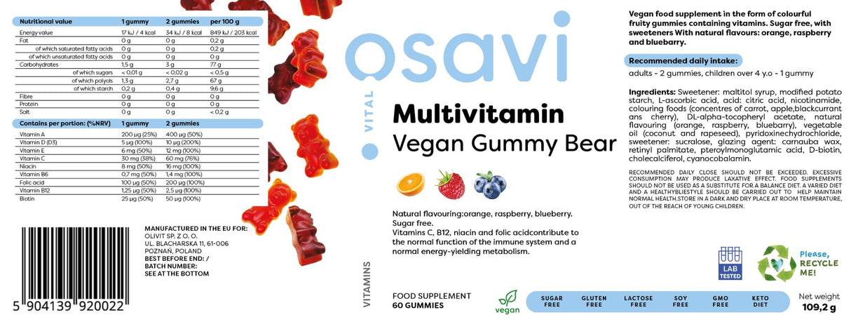 Ours gommeux végétaliens multivitamines | Orange, framboise, myrtille - 60 bonbons gommeux