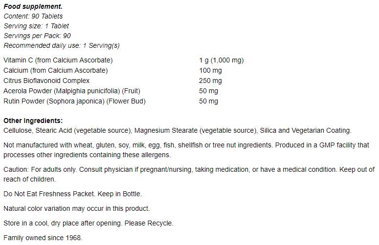 Complexe de vitamine C-1000 - tamponné avec 250 mg de bioflavonoïdes - 180 comprimés