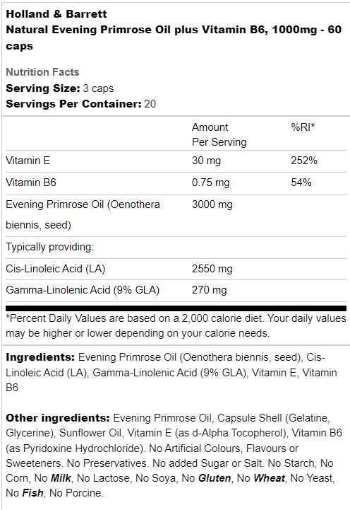 Huile de primrose du soir naturel 1000 mg | Plus vitamine B6 - 60 capsules