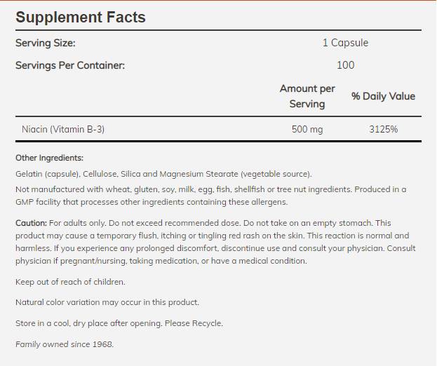 Niacine 500 mg - 100 capsules