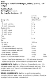 Huile de foie de morue norvégienne 1000 mg | Capsules de gel à armature au citron - 180