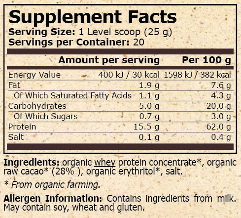 <tc>Pure Nutrition</tc> - PROTÉINE DE LACTOSÉRUM BIOLOGIQUE AU CACAO - 500 g