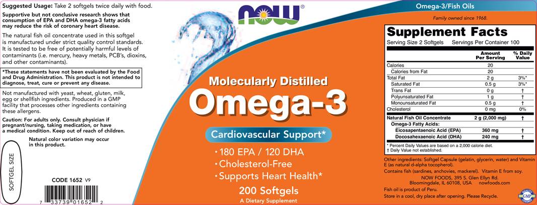 Oméga 3 1000 mg / distillé moléculaire - 200 capsules de gel