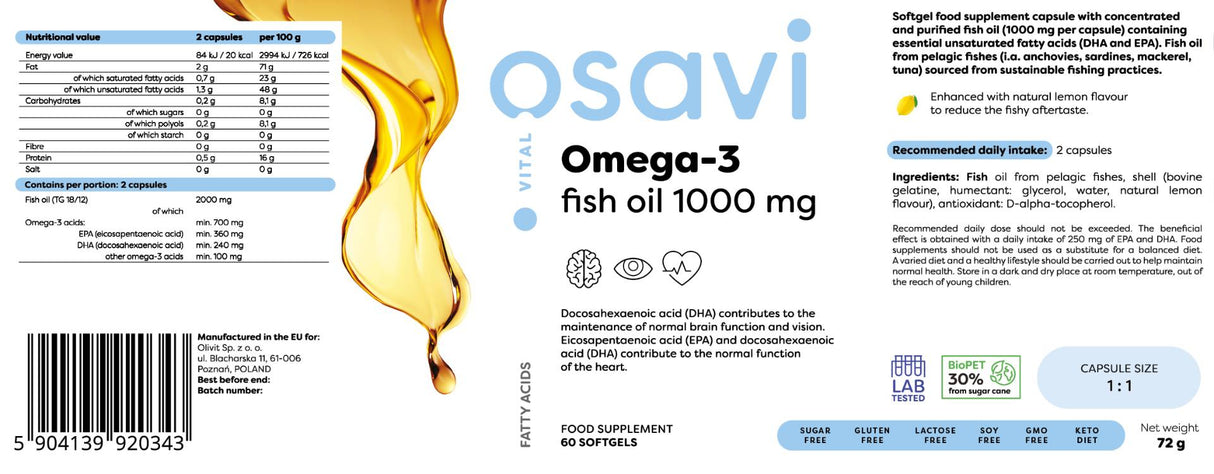 Omega 3 huile de poisson 1000 mg/saveur de citron - 60 capsules de gel