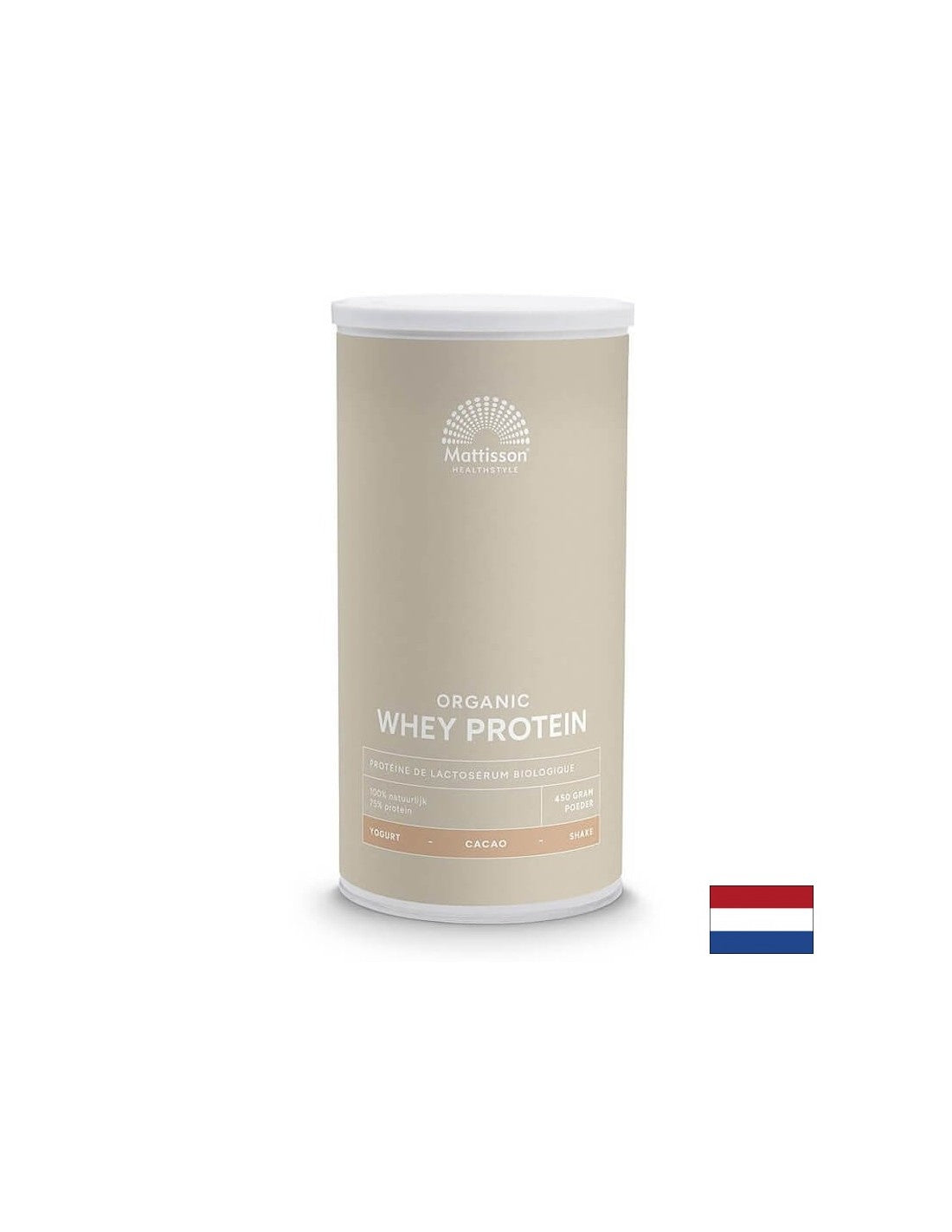 Protéine de lactosérum biologique, 450 g de poudre (saveur de cacao)