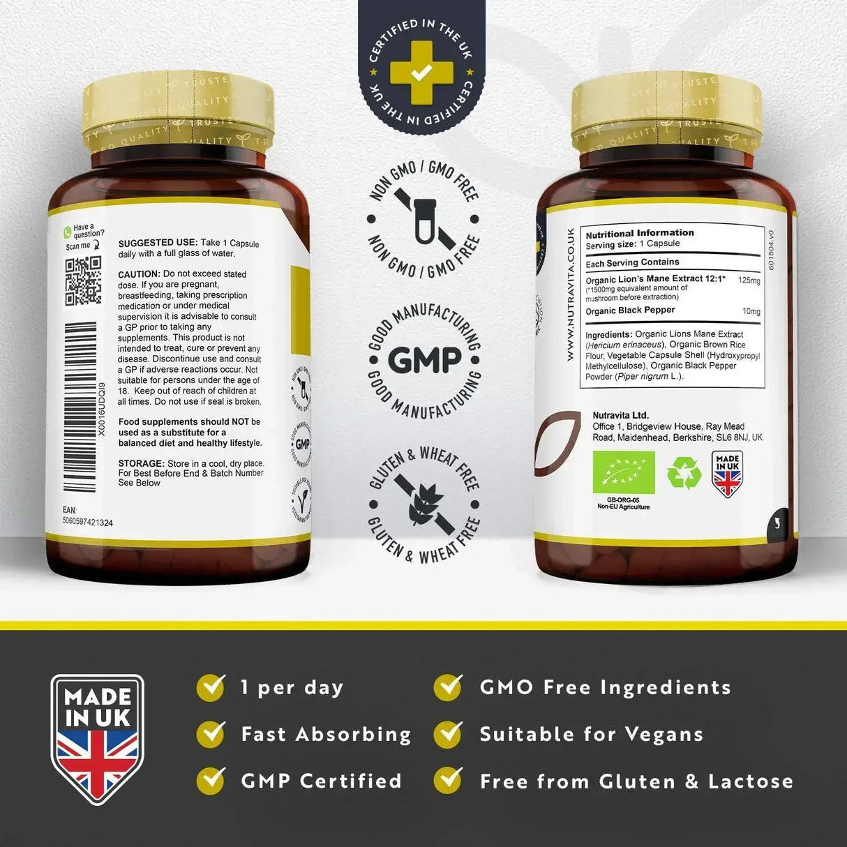 Crinière de lion biologique 120 capsules végétales. <tc>Nutravita</tc>
