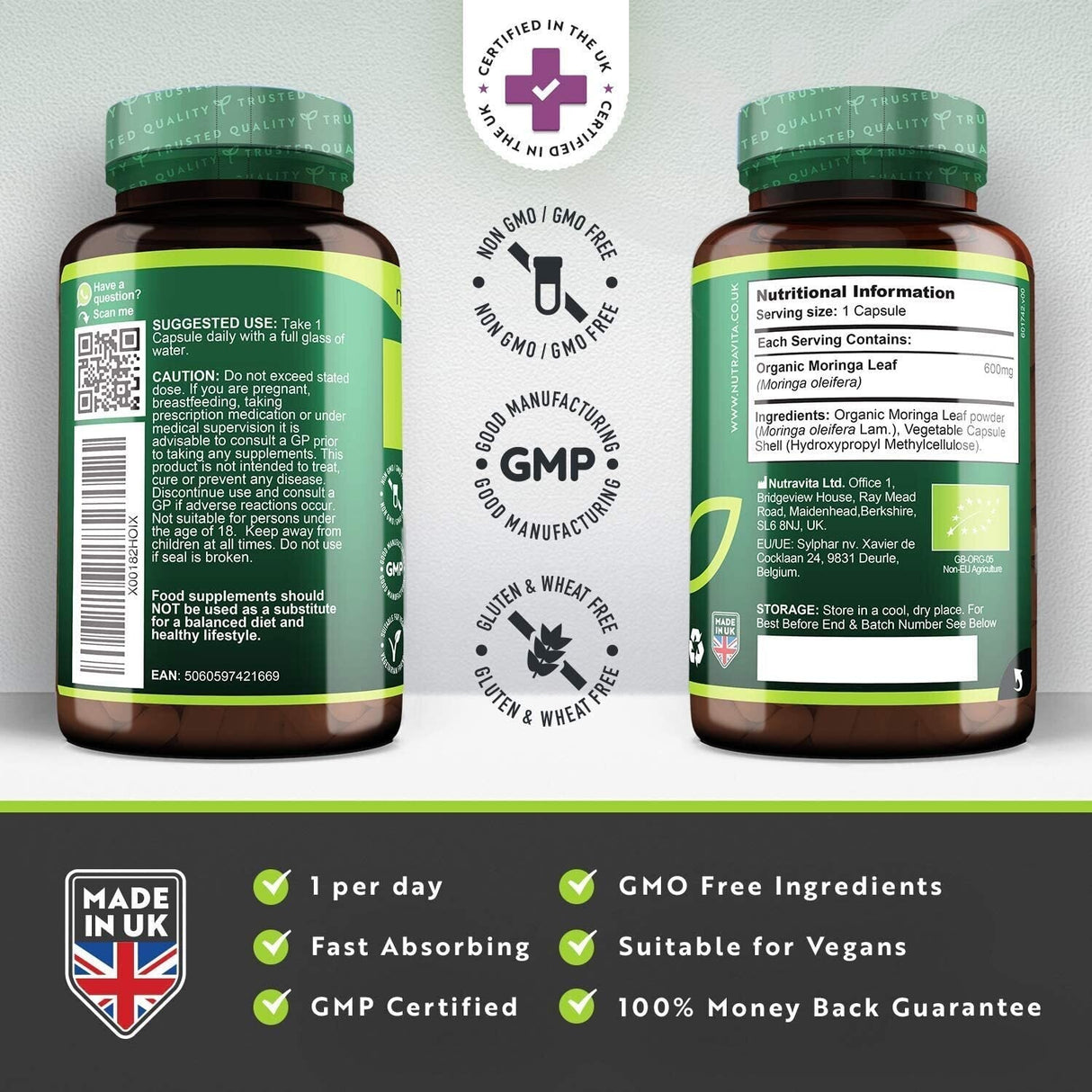 Moringa organique - Bio Moringa 600 mg 120 capsules végétaliennes