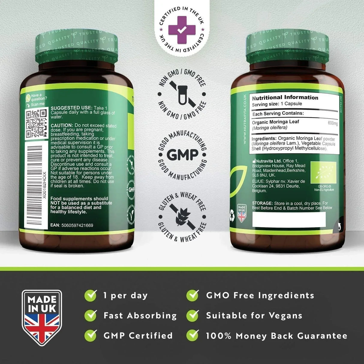 Moringa organique - Bio Moringa 600 mg 120 capsules végétaliennes