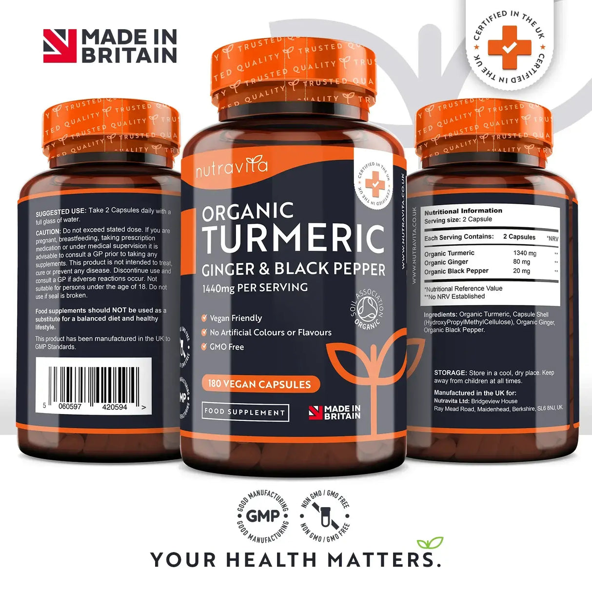 Curcuma Bio 1340mg au Poivre Noir et Gingembre /180 capsules, 90 doses/ <tc>Nutravita</tc>