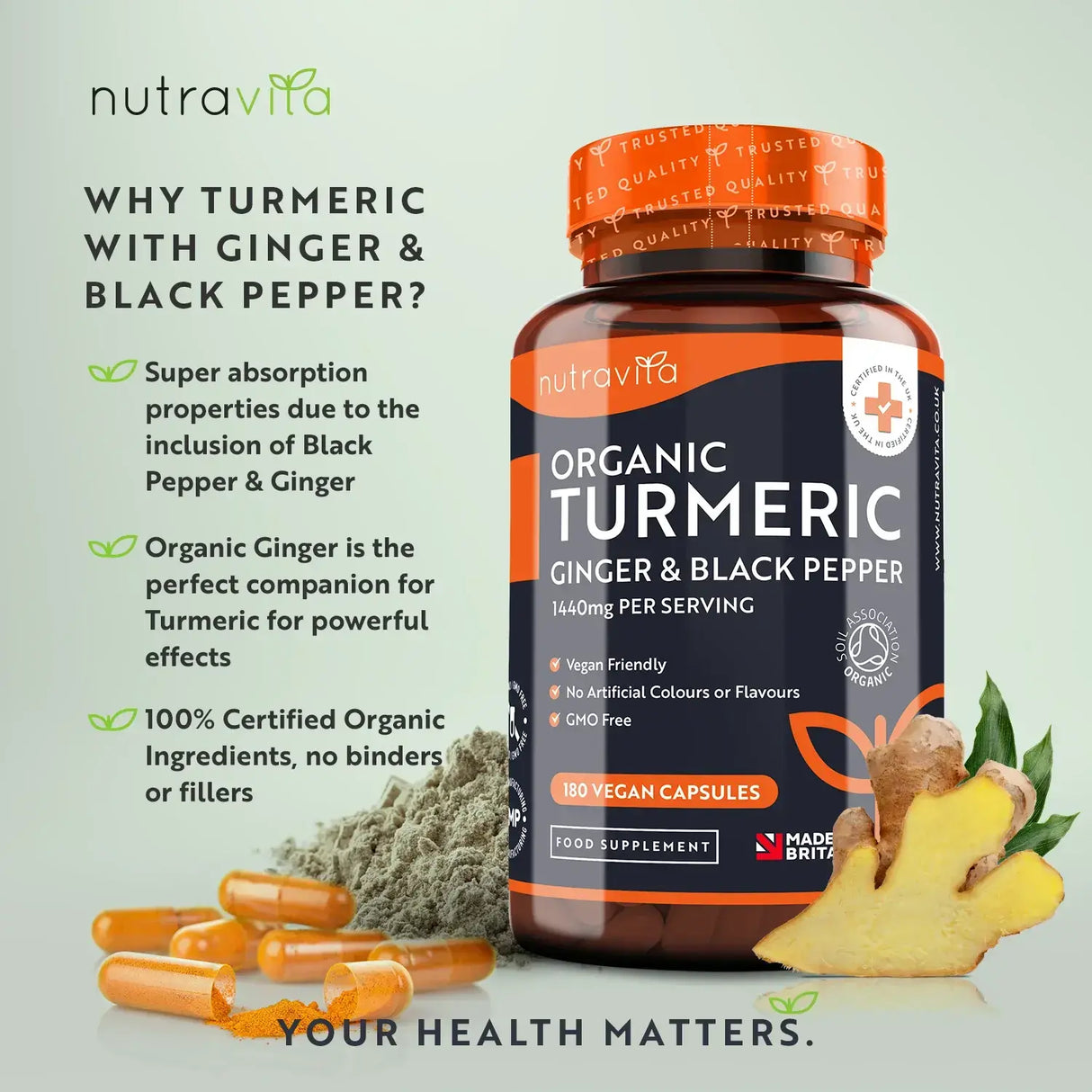 Curcuma Bio 1340mg au Poivre Noir et Gingembre /180 capsules, 90 doses/ <tc>Nutravita</tc>