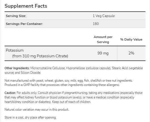 Citrate de potassium 99 mg - 180 capsules