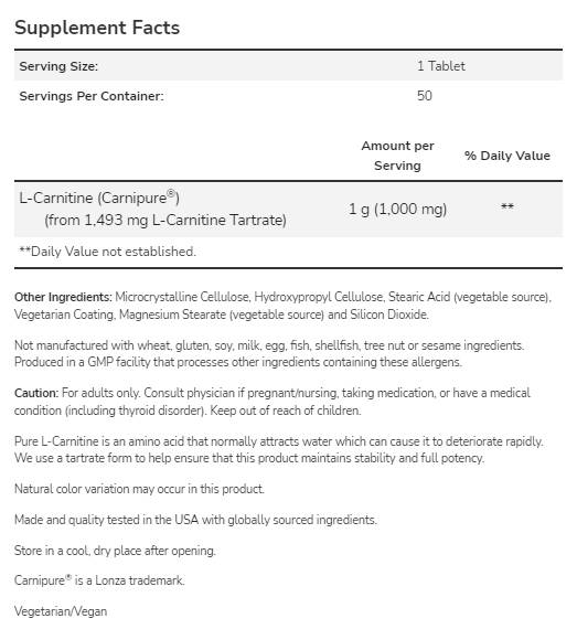 L-carnitine 1000 mg | Carnipure® - 50 comprimés