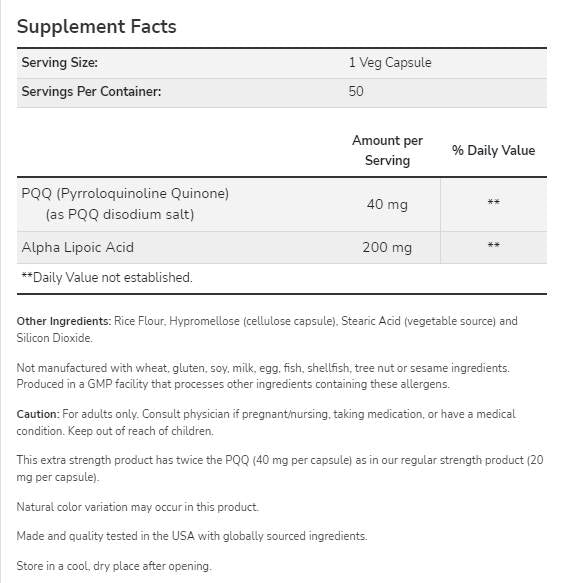 PQQ 40 mg de force supplémentaire | avec l'acide lipoïque alpha 200 mg - 50 capsules