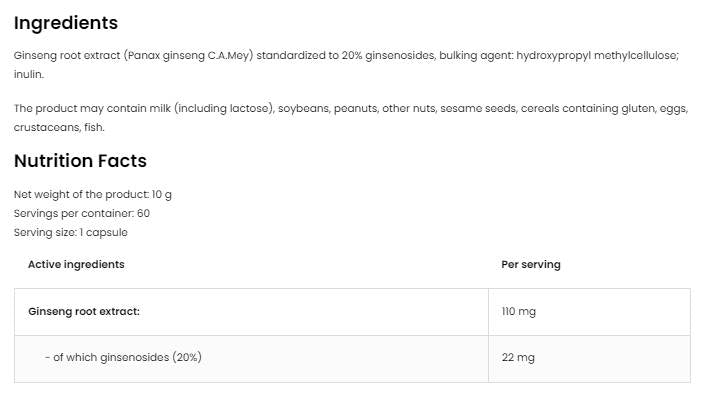 Panax ginseng 110 mg | Extrait de racine 60 capsules