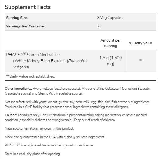 Phase 2® | Extrait de haricots rénaux blanc 500 mg - 120 capsules