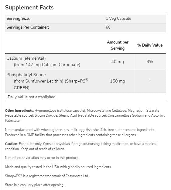 Phosphatidyl sérine 150 mg | Sans soja - 60 capsules