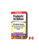 Probiotique 30 milliards/8 souches probiotiques/Probiotique, 30 milliards de probiotiques actifs, 8 souches probiotiques, 30 capsules <tc>Webber Naturals</tc>