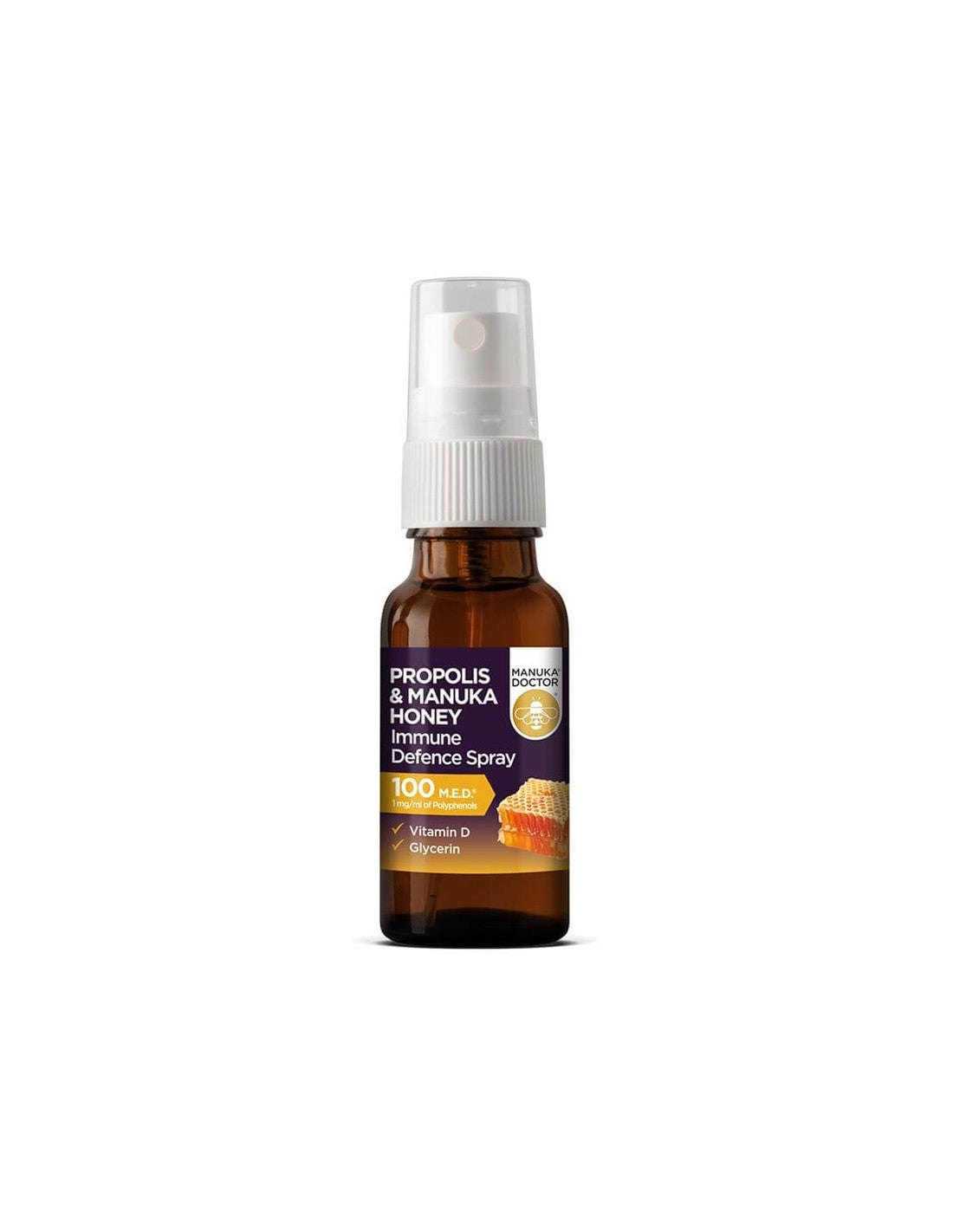 Spray de défense immunitaire à la propolis et au miel de Manuka 100 M.E.D.®/Spray buccal au miel de manuka, propolis et vitamine D, 20 ml