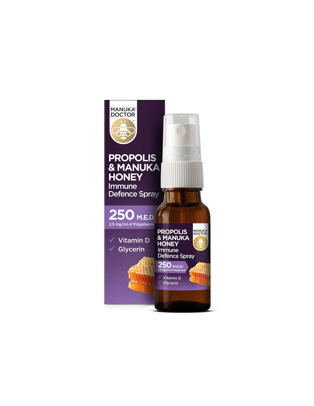 Propolis & Manuka Honey Spray immunitaire de défense 250 Med/Gorge Spray avec propolis (250 MED), Honey Manuka et vitamine D3, 20 ml