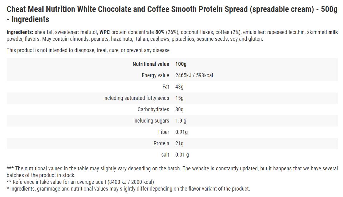 Spreads protéinées/chocolat blanc et café - 500 grammes