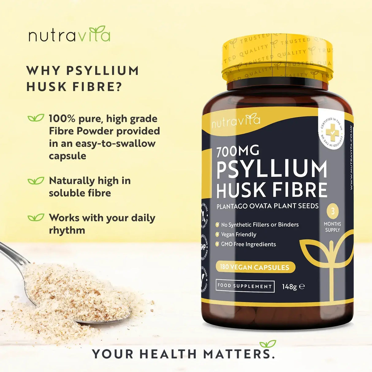 Fibres de cosses de psyllium 700 mg 180 gélules <tc>Nutravita</tc>