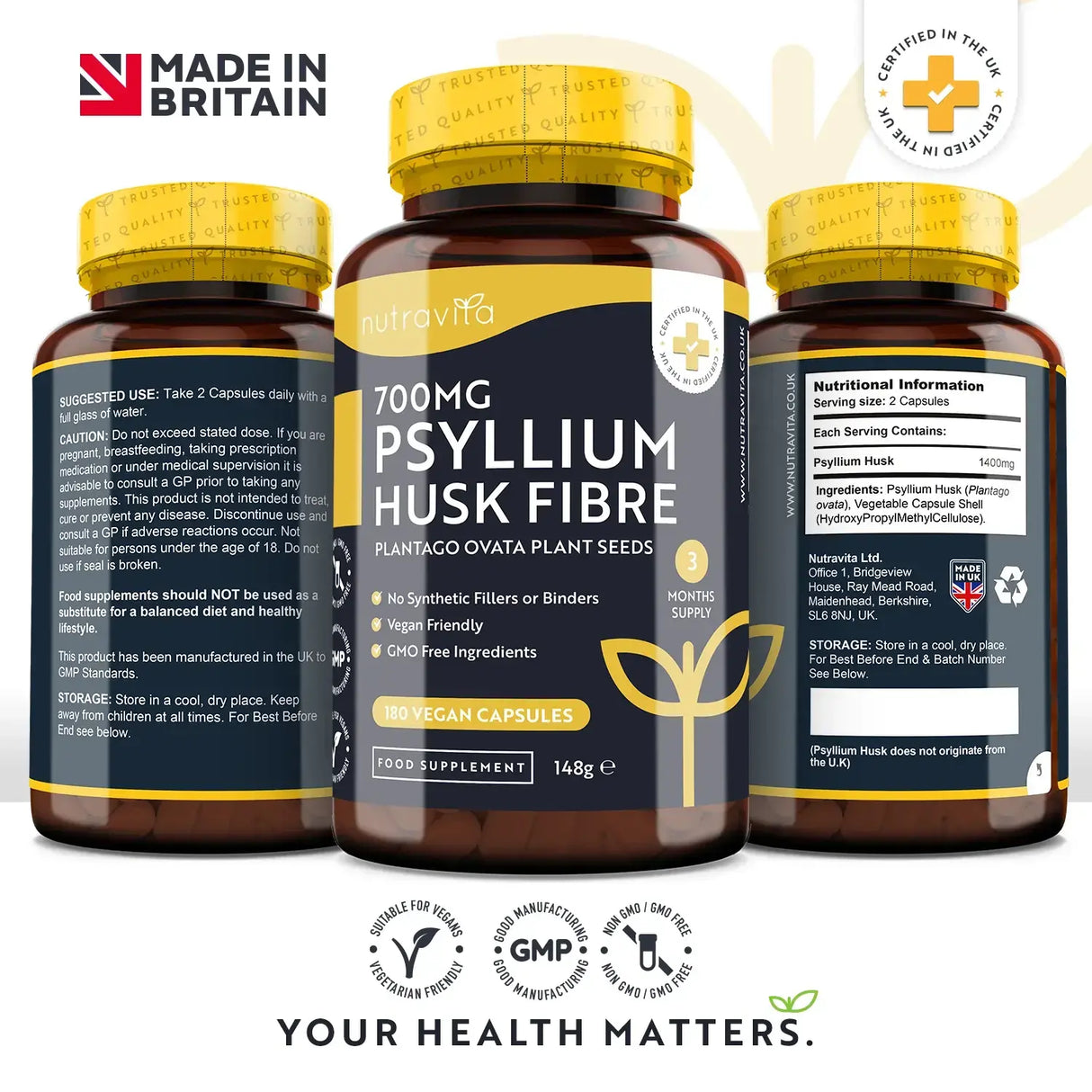 Fibres de cosses de psyllium 700 mg 180 gélules <tc>Nutravita</tc>