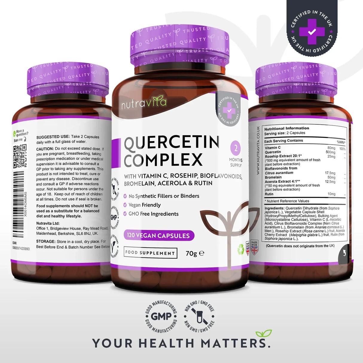 Complexe de quercétine avec bromélaïne 120 capsules végétariennes. <tc>Nutravita</tc>