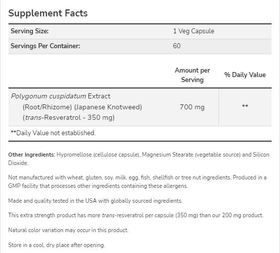 Resvératrol 350 mg | Extra Strength - 60 capsules
