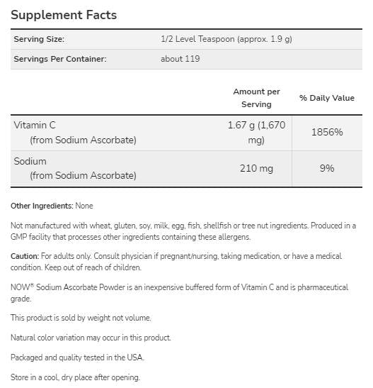Poudre d'ascorbate de sodium | Vitamine C pure et tamponnée - 227 grammes