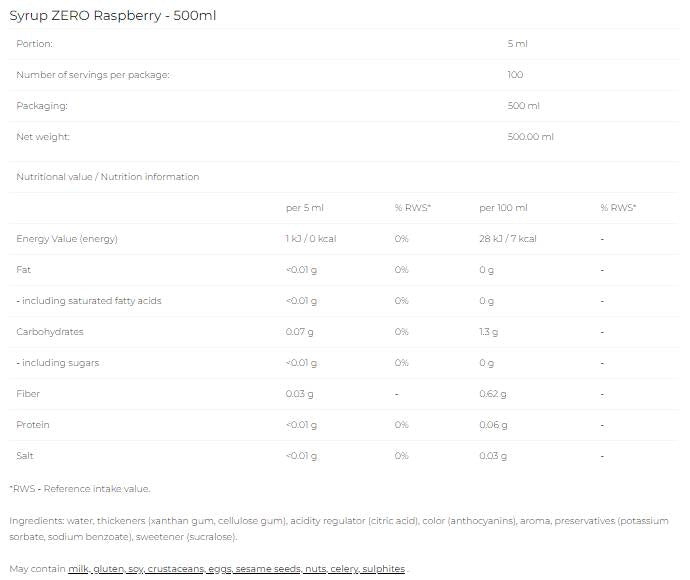 Sirop Zero - Raspberry - 500 ml