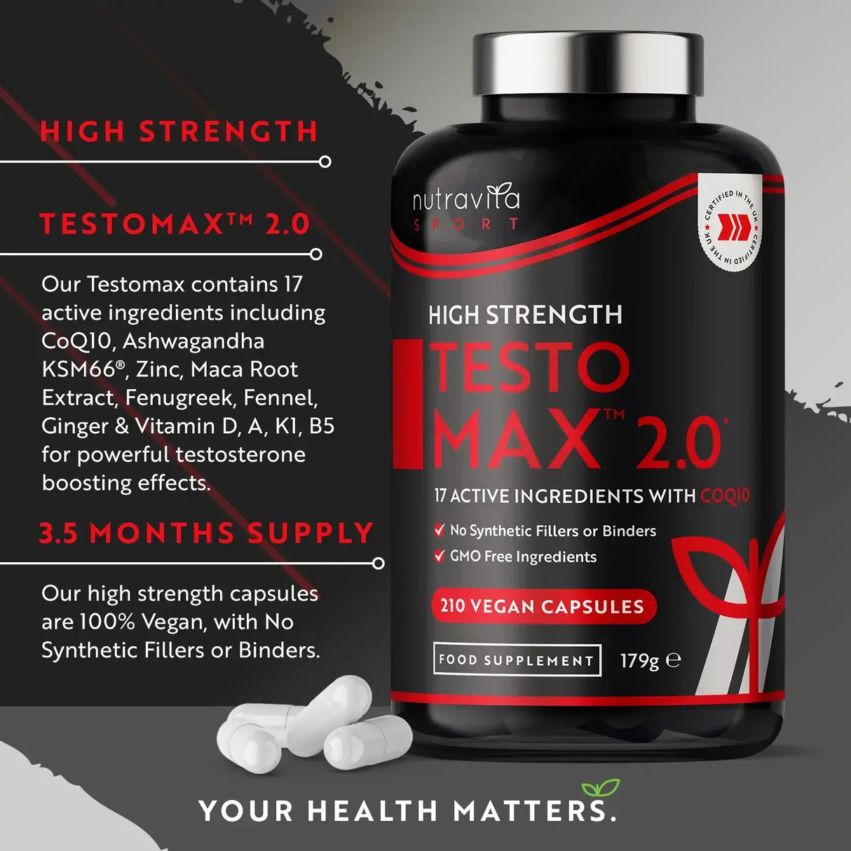 TESTOMAX™ 2.0 /210 gélules, 105 jours/ avec Ashwagandha KSM 66®, CoQ10 &amp; Racine de Maca <tc>Nutravita</tc>