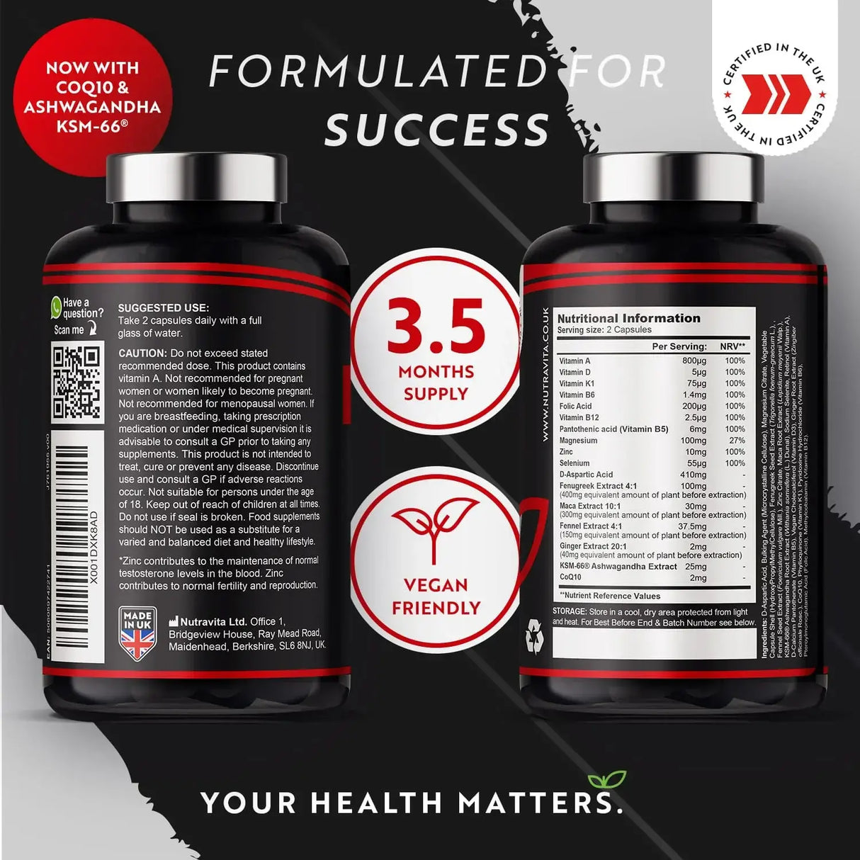 TESTOMAX™ 2.0 /210 gélules, 105 jours/ avec Ashwagandha KSM 66®, CoQ10 &amp; Racine de Maca <tc>Nutravita</tc>