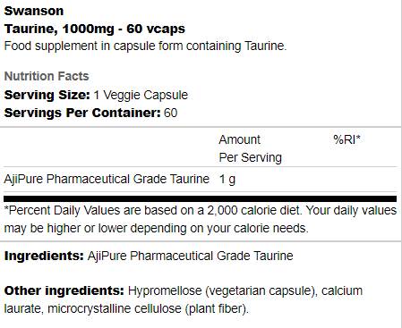 Taurine 1000 mg 60 capsules