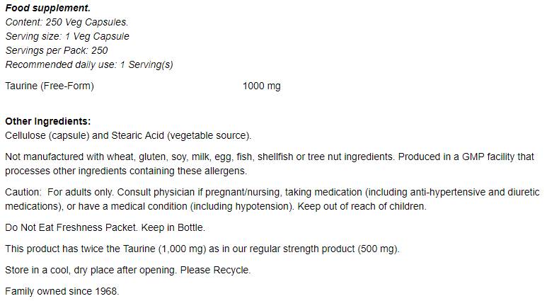 Taurine 1000 mg/double résistance - 250 capsules