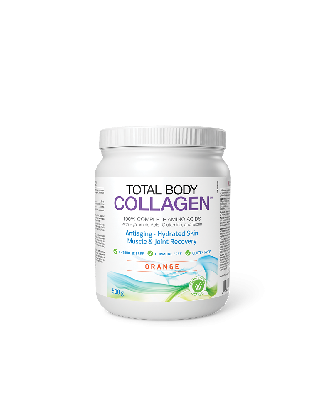Collagène de bœuf hydrolysé avec acide hyaluronique, glutamine et biotine - Total Body Collagen, 500 g de poudre, saveur orange <tc>Natural Factors</tc>
