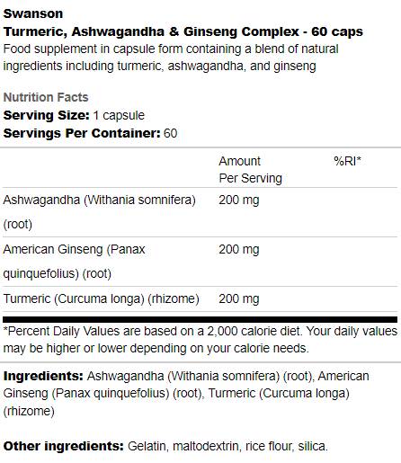 Curcuma, Ashwagandha et Ginseng Complex 60 capsules
