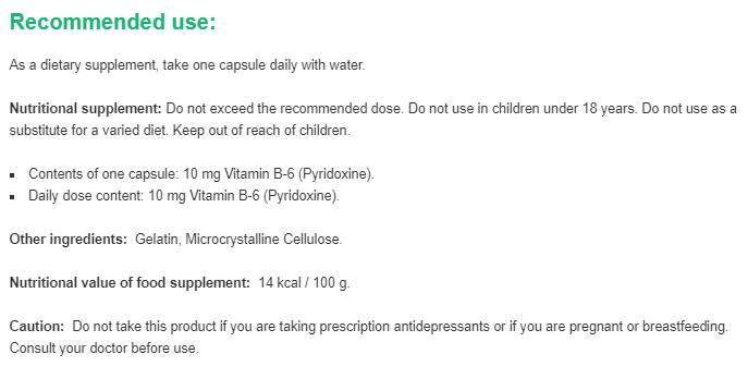 Vitamine B-6 10 mg | Pyridoxine - 100 capsules