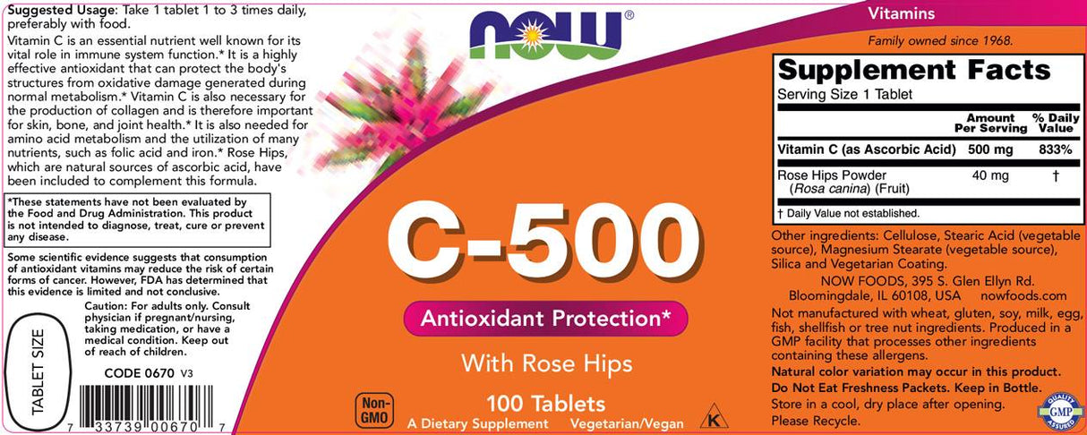 Vitamine C-500 avec des hanches roses - 100 comprimés