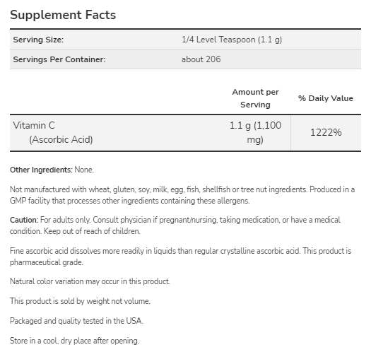 Vitamine C | Acide ascorbique - Grade pharmaceutique - 454 grammes