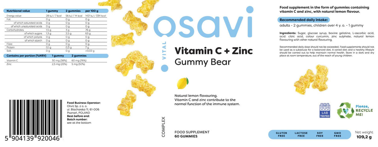 Vitamine C + Zinc | Ours gommeux - 60 bonbons gommeux