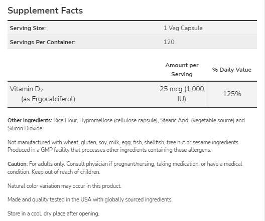 Vitamine D 1000 UI | Dry végétarien - 120 capsules