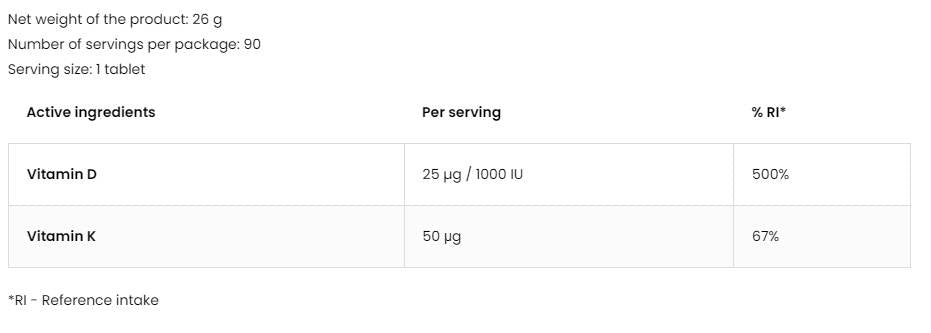 Vitamine D3 1000 UI + K2 50 MCG 90 comprimés