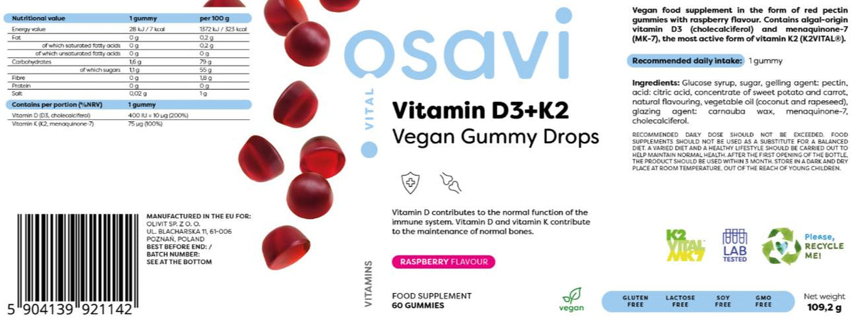 Vitamine D3 400 UI + K2 75 MCG | Gouttes gommeuses végétaliennes - 60 bonbons